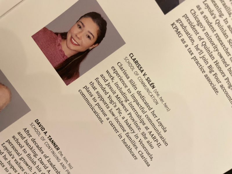 Inside cover description of Loyola Chicago student, Clarissa Silen, SOC's President Medallion Award winner